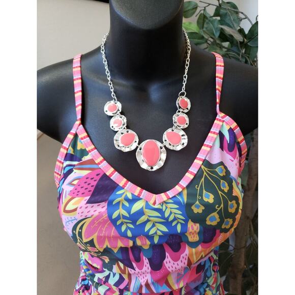 Women's Swimsuit Large Pink Floral Print Stretch O Ring Back Spaghetti Strap - Picture 4 of 7